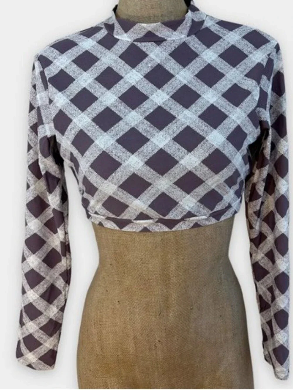 Y2k Vibe Raisins Purple & White Plaid Long-Sleeve Crop Top Rash Guard - fits S/M